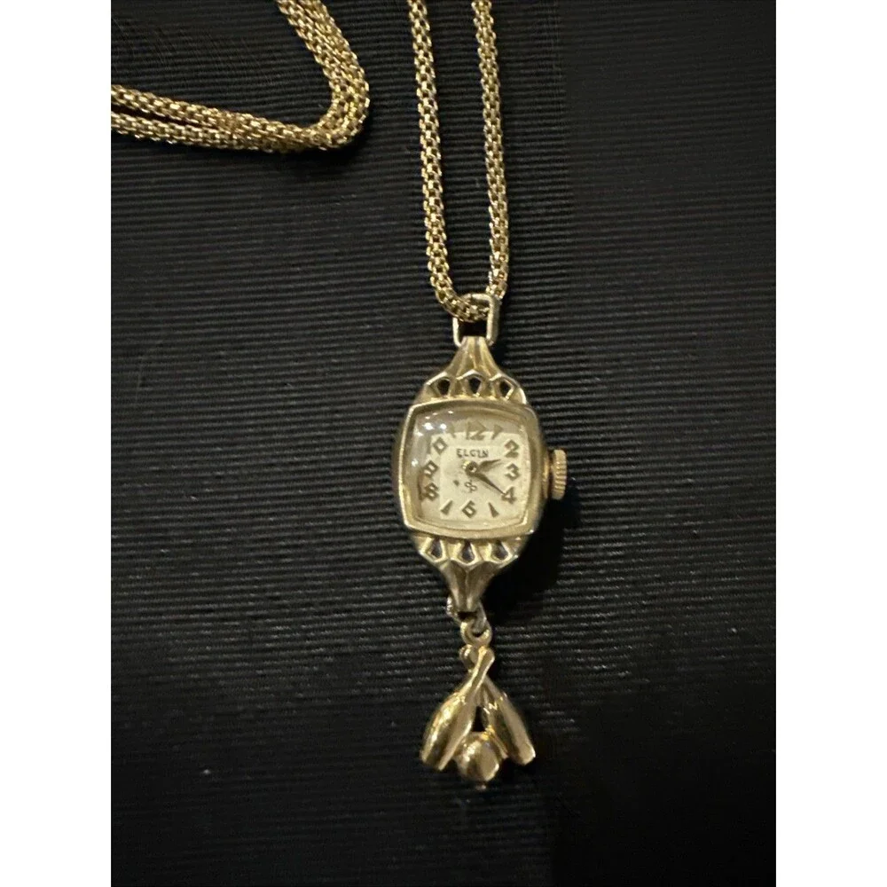 Vintage Elgin Women's Watch 10k RGP Bezel Stainless Back Gold Tone Necklace 30”